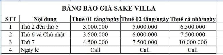 bảng giá sake villa tam đảo