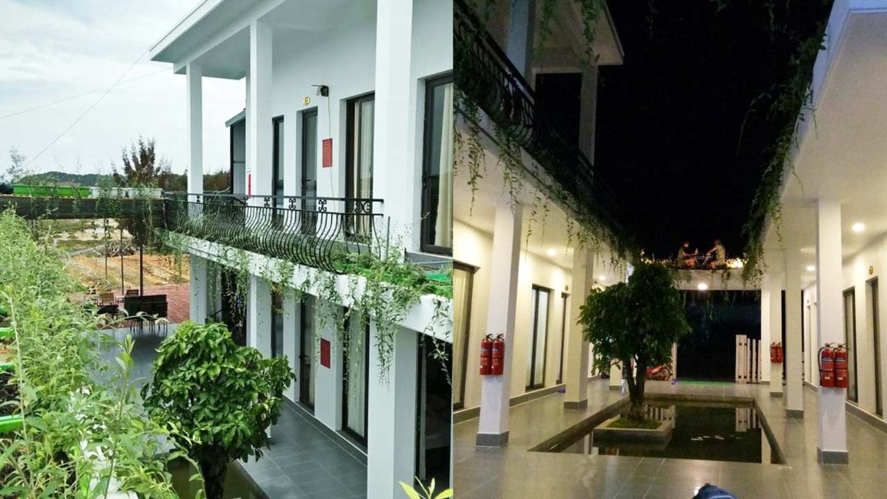 Khu homestay Cô Tô Haki 2 tầng với hồ nước và cây xanh. Nguồn: Internet